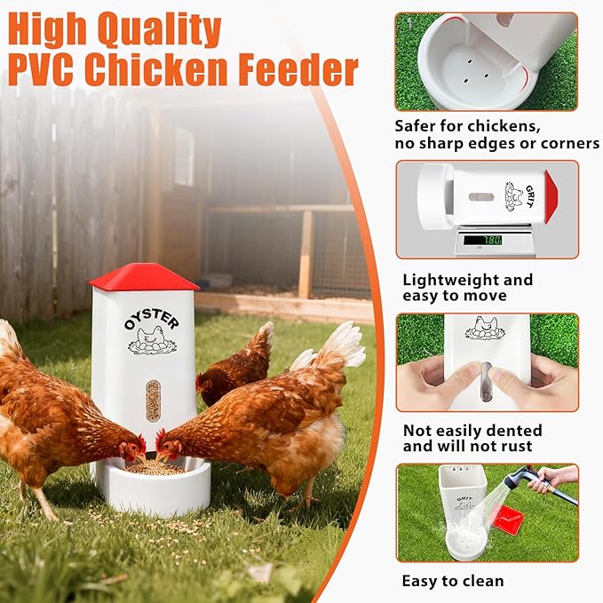 2 Pack Chicken Grit and Oyster Shell Feeder, Automatic PVC Chicken Feeder with Visual Window and Lid, Hanging Chicken Feeder for Strong Eggs Healthier Poultry