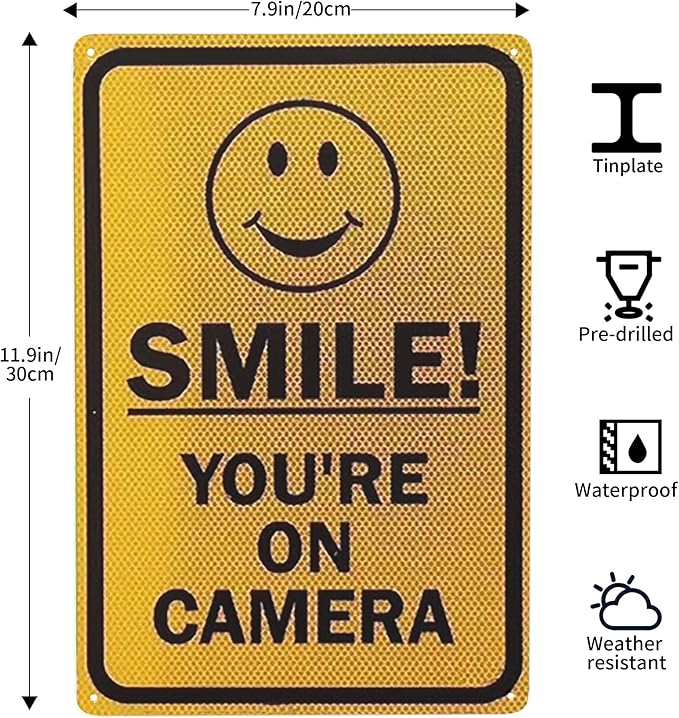 Vintage Metal Tin Sign Smile! You're On Camera With Graphic,Black On Yellow Road Business Sign 12x8 Inches Traffic Tin Painting