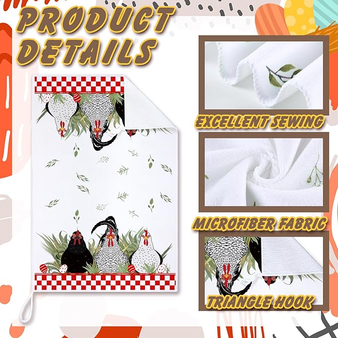 Geyoga 4 Pcs Chicken Kitchen Towels Rooster Dish Hand Towels Farm Animal Cow Vintage Rustic Tea Cloth for Spring Easter Bathroom Farmhouse Decor Gifts, 16 x 24 Inch(Red, Black, White,Farmhouse)