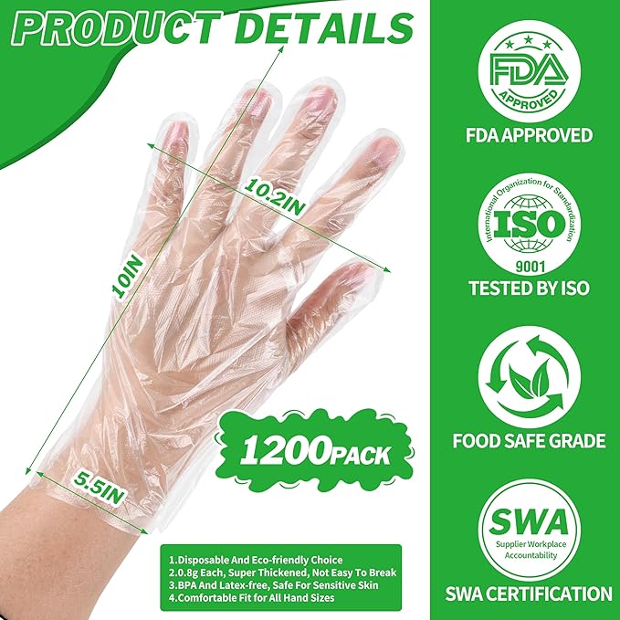 BYMORE Disposable Plastic Gloves Bulk, Clear Food Handling Service Gloves for Kitchen Food Prep Food Service Food Handling