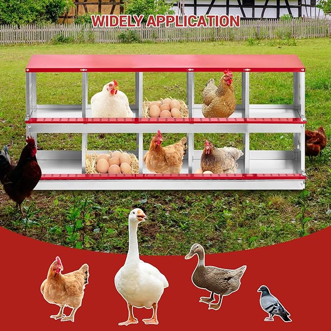 Heavy Duty Metal Chicken Nesting Box – 10 Compartments, Roll-Out Egg Collection, Pull-Out Tray, Swing Perch, Wall Mount, Easy Clean, for Hens, Chickens & Ducks, Indoor/Outdoor, with Cover-Red,