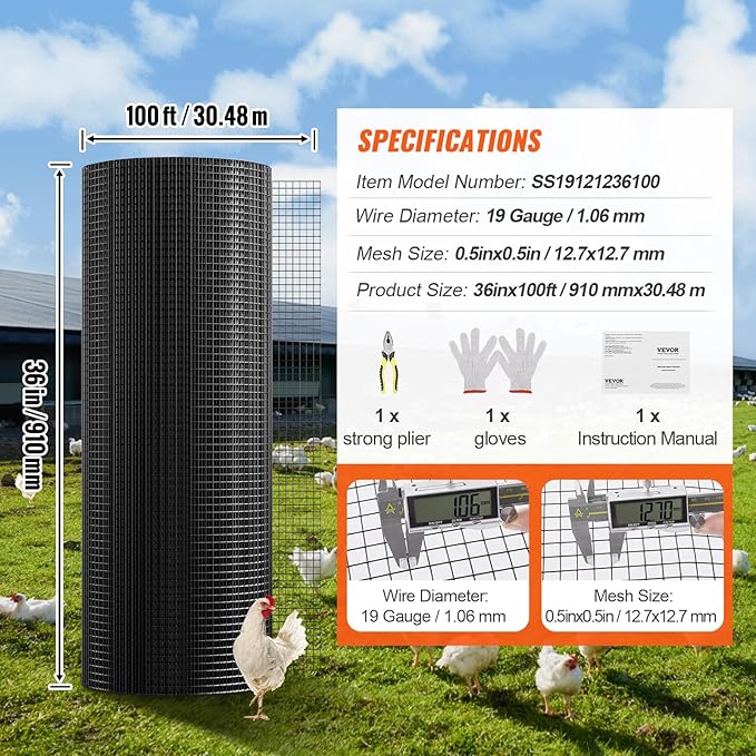 VEVOR Hardware Cloth, 36'' x 100' 1/2inch Galvanized Wire Mesh Roll, 19 Gauge Chicken Wire Fencing Roll, Vinyl Coating Metal Wire Mesh for Chicken Coop Barrier, Rabbit Snake Fences, Poultry Enclosures