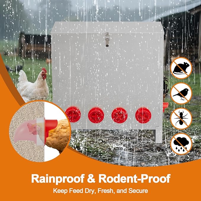 Automatic Chicken Feeder 85-120lbs Capacity, Galvanized Metal Poultry Feeding Equipment, Rainproof & Rodent Proof Large Chicken Food Dispenser for Backyard Coop & Farm Use (10 Ports)