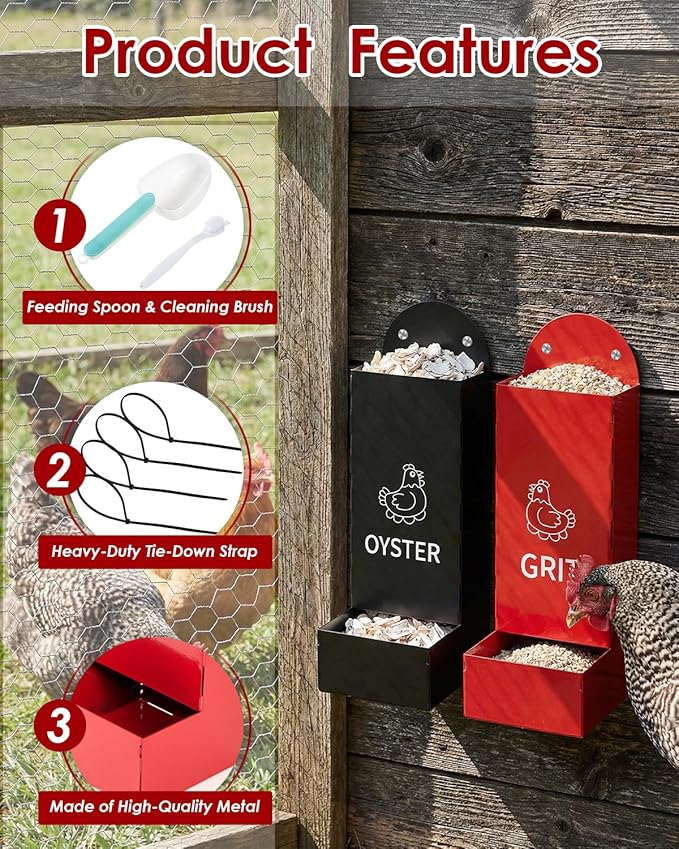 Chicken Oyster Shell Feeder, 2 Pcs Metal Chicken Feeder Kit, Chicken Coop Accessories, Includes Feeding Spoon & Brush