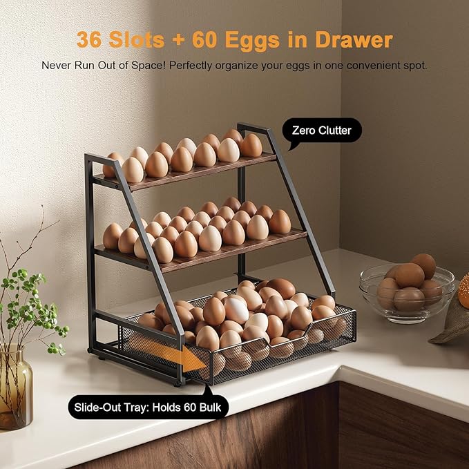 3-Tier Wooden Fresh Egg Holder Countertop With Basket for 36+90 Eggs, Wooden Egg Holder Countertop with Carry Handle for Gathering 150+ Eggs, Duck, and Quail Eggs