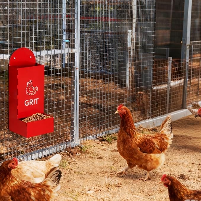 Hanging Chicken Feeder Metal (2 Pack), Wall Mounted Poultry Grit Feeder with Weatherproof Lid, Durable Chicken Coop Accessories for Chickens, Ducks, Quail, Red & Black