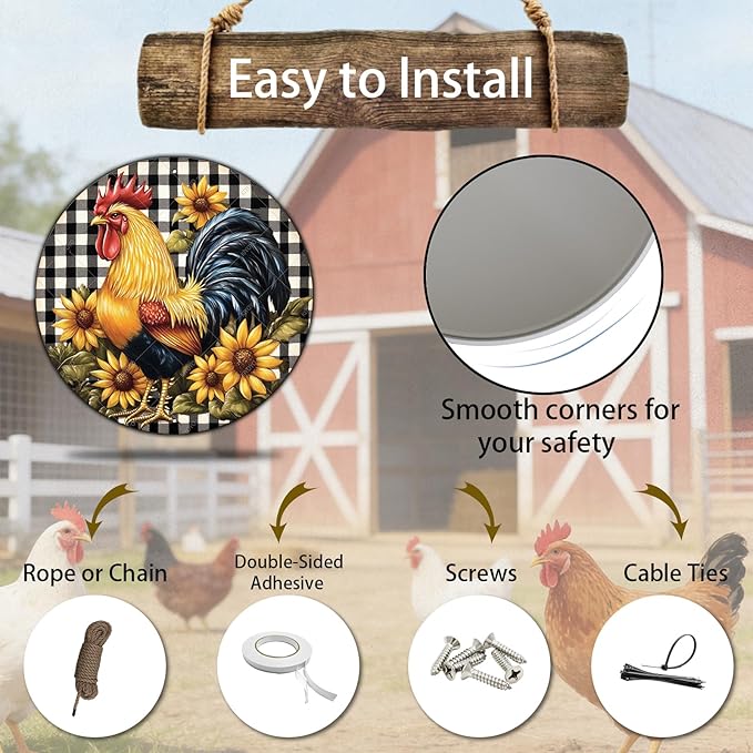Round Chicken Sign Metal Tin Sign Rustic Plaque Rooster Chicken Farm Wall Art Suitable for Home Garden Kitchen Bar Cafe Restaurant Garage Wall Decor Retro Vintage 8 Inch