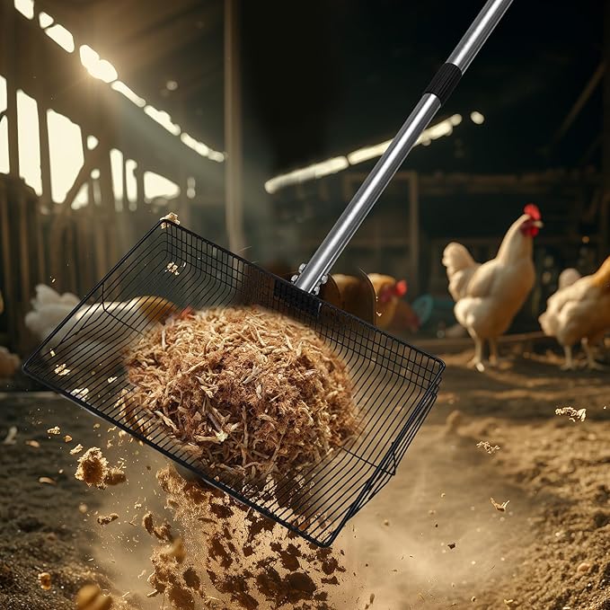 15-inch Chicken Poop Scooper with Ergonomic Grip, Adjustable 24"-63" Handle, 4-in-1 Multifunctional Litter Scoop for Chicken Coop, Goat Stall, Stable, and Pet Waste Cleanup