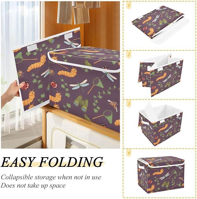 Dragonfly Net Binoculars Caterpillar Storage Bins with LidsLeaves Insect Foldable Storage Basket with Handles Collapsible Large Fabric Organizer Containers for Clothes Shelves Closet Office Ho