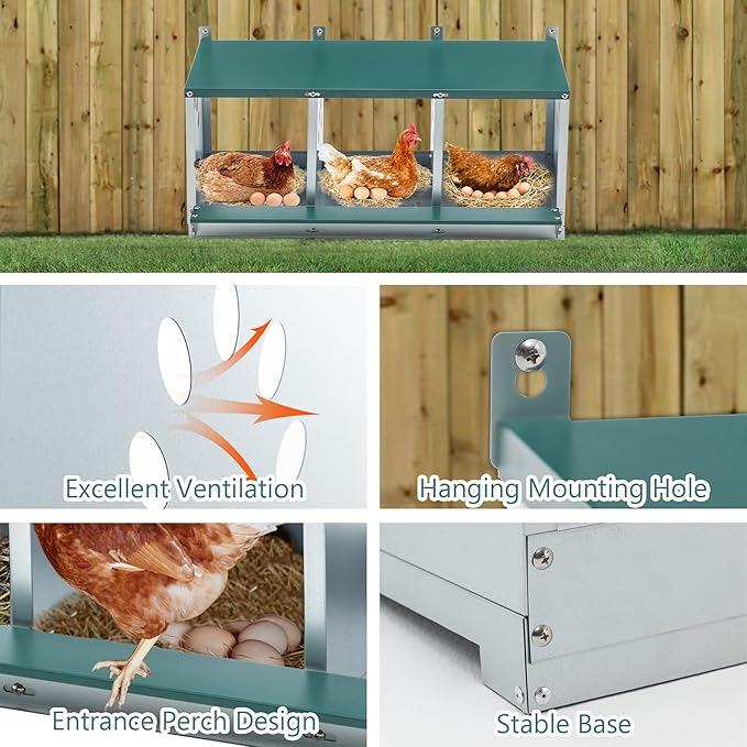 3/4/6/8/10 Holes Chicken Nesting Box for Chickens Hens Ducks, Metal Nesting Boxes for Chickens Wall Mount Egg Laying Nesting Boxes for Chicken (Green, 3 Hole)