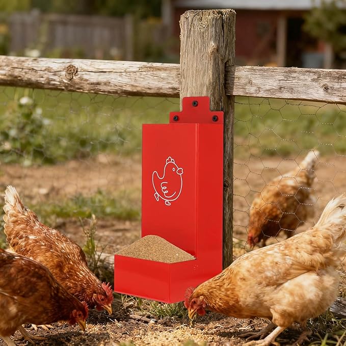 Automatic Chicken Grit Feeder Metal Hanging Poultry Feeder with Anti-Waste Design for Hens and Chicks Easy to Install Clean Outdoor Indoor Coop Accessories Small Farm Ranch Backyard Use (Red)