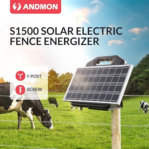S1500 1.5 Joule Solar Electric Fence Energizer for Livestock, Horses, Cattle, Sheep - 50 Miles, 15W Solar Panel, Easy Installation