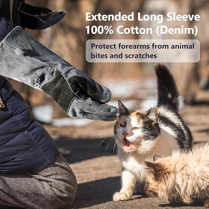 COOLJOB Kevlar Bite Proof Animal Handling Gloves for Cat Grooming, Dog Training, Leather Protective Gloves for Men, 16/22"