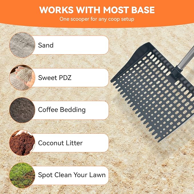 Chicken Poop Scooper & Rake 2-in-1, Chicken Coop Accessories with 13in Wider PP Head & Adjustable Stainless Steel Handle, 33''-69'' Pooper Scooper Sand Sifting Shovel Litter for Small Farm Animals