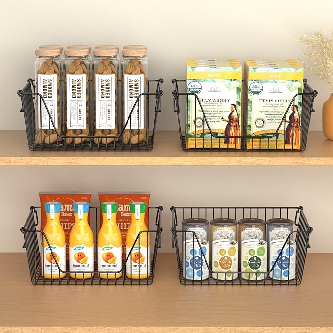 Slideep Wire Storage Baskets for Organizing, 4 Pack 14'' Stacking Metal Wire Freezer Organizer Bins with Handles, Large Pantry Baskets for Kitchen Cabinets, Bathroom, Laundry, Garage, Black