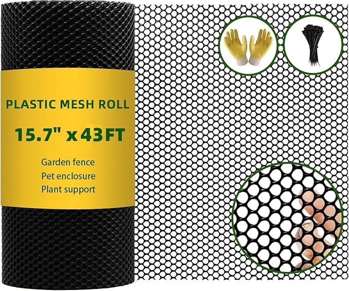 15.7INx43FT UV Resistant Black Plastic Mesh Fencing Roll for Chicken Dogs Rabbit Snake Poultry Barrier Gardening, Thicker Wire Mesh Netting Fence for Balcony Garden Pet Enclosure Plant Support DIY