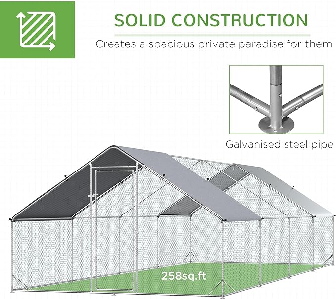 PawHut Large Chicken Coop Metal Chicken Run with Waterproof and Anti-UV Cover, Spire Shaped Walk in Fence Cage Hen House for Outdoor and Yard Farm Use, 1" Tube Diameter, 9.8' x 26.2' x 6.6'