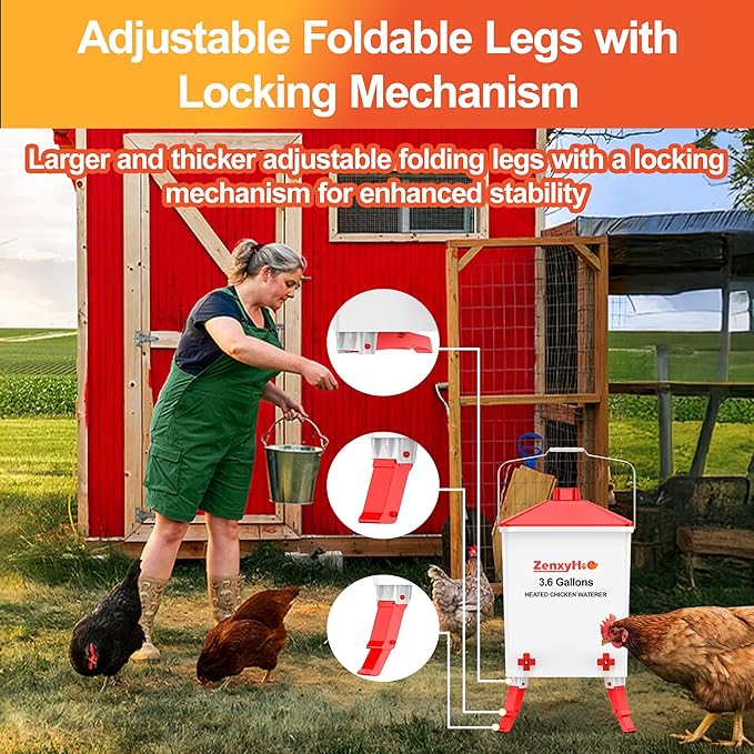 3.6 Gallons Chicken Waterer Bucket with Adjustable Legs 4 Horizontal Water Nipples and Anti Roost Cone