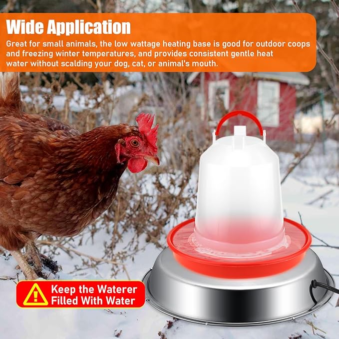 Large Chicken Water Heater Base, 15" Metal Heated Chicken Waterer 5 Gallon, Freeze Proof Chickens Coop Winter Deicer Heated Base, Poultry Drinker Heater Base for Outdoor Coops & Cold Winter