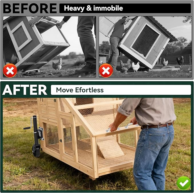 Flehomo Chicken Tractor Wheel Kit, 2 Pack Chicken Coop Wheels & Handles for Easy Movement, Chicken Caster Wheels Support up to 800 LBS, Chicken Coop Accessories, Repalcement or DIY, Easy Installation