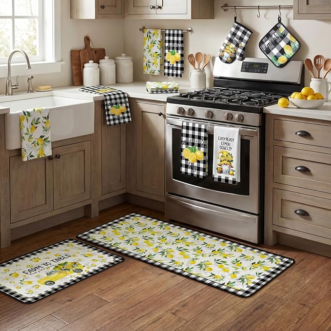10 Pcs Lemon Kitchen Decor Set Dish Towels Kitchen Rugs Oven Mitts and Pot Holders for Cooking Baking Grilling Women Mom Gift