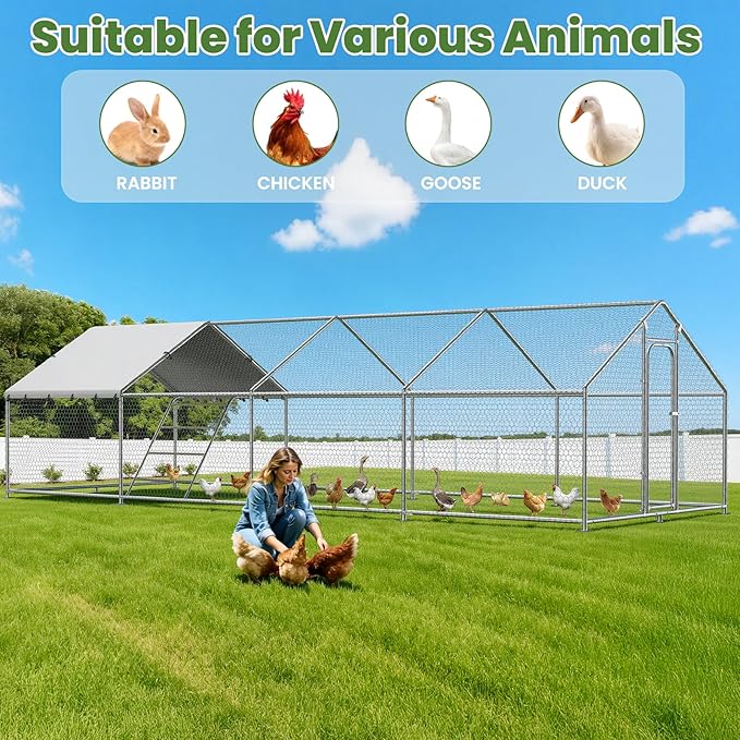 Large Metal Chicken Coop with Roosting Perch, Waterproof and UV Protection Cover, Chicken Run Outdoor Walk-in Cage Chicken Rabbit Duck Hen House for Yard Farm Use Spire Roof (10’ W x 26.2’ L x 6.4’ H)