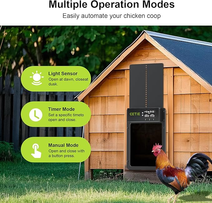 Automatic Chicken Coop Door,Chicken Coop Door with LCD Display,Multi-Modes for Chicken Door,Run Chicken Automatic Door with Anti-Pinch Feature,Solar Chicken Coop with Timer & Light Sensor