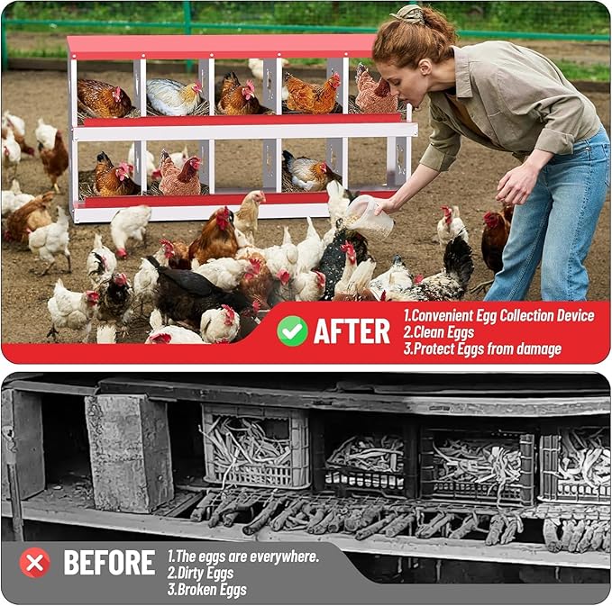 Metal Chicken Nesting Boxes, Heavy-Duty Galvanized Steel Egg Laying Box with 10 Compartments, Rustproof, Easy to Install & Clean, Wall-Mountable Design for Poultry Coops- Red Without Stand