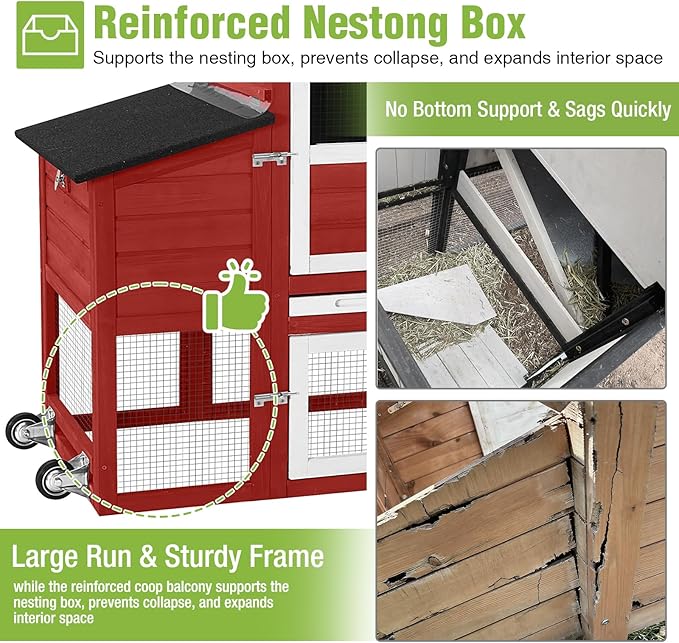 GUTINNEEN Chicken Coop with Wheels, Expandable Hen House Poultry Cage with Run, UV-Protected Roof, Divided Nesting Boxes, Easy One-Person Move, Ideal for 2 Adult Chickens or 4 Bantams, 72.3" L, Red