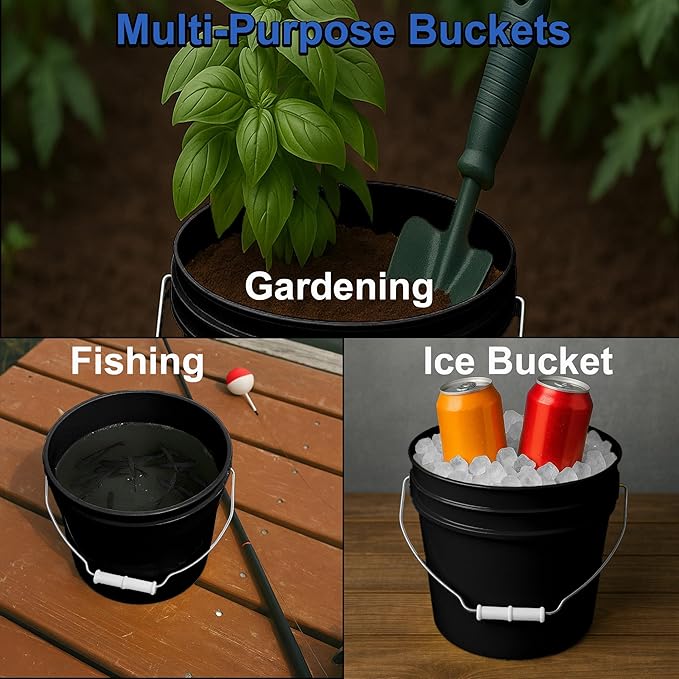 1-Gallon Bucket with Airtight Lid – Made in USA, Food Grade BPA Free Plastic, Heavy Duty Multi-Use, Metal Handle with Grip, Stackable Storage – Black, 2 Pack