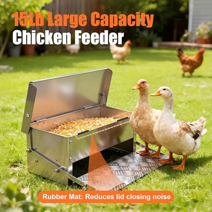 Chicken Feeder Rat Proof Automatic Treadle Feeder No Waste,Stainless Steel Outdoor Chicken Food Dispesner for Polutry and Duck Bantams Pheasants,with Weatherproof Lid
