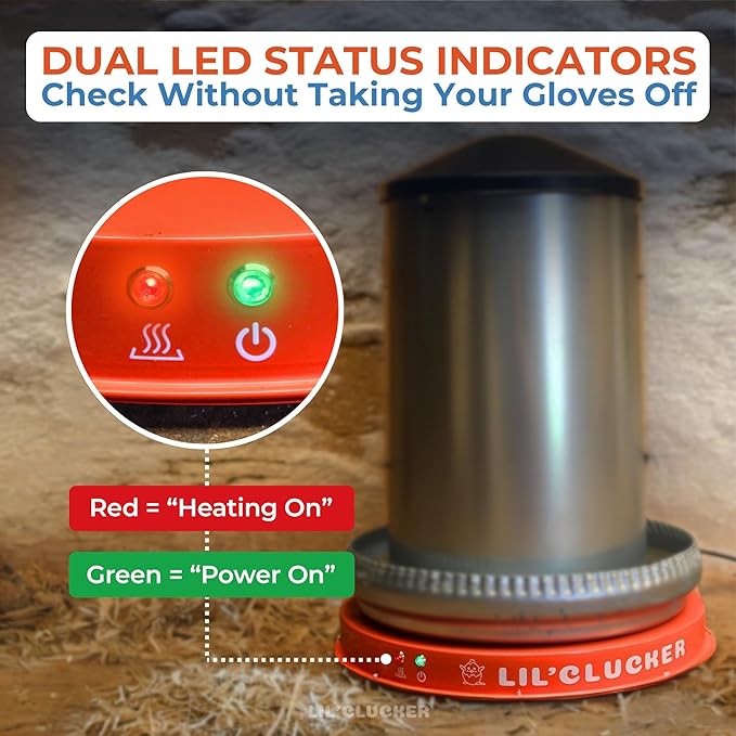 Lil'Clucker Heated Base for Chicken Waterer – Automatic Metal Freeze Proof Heated Chicken Waterer with Heater & LED – Poultry Heated Waterer for Winter (Orange, 15 Inch)
