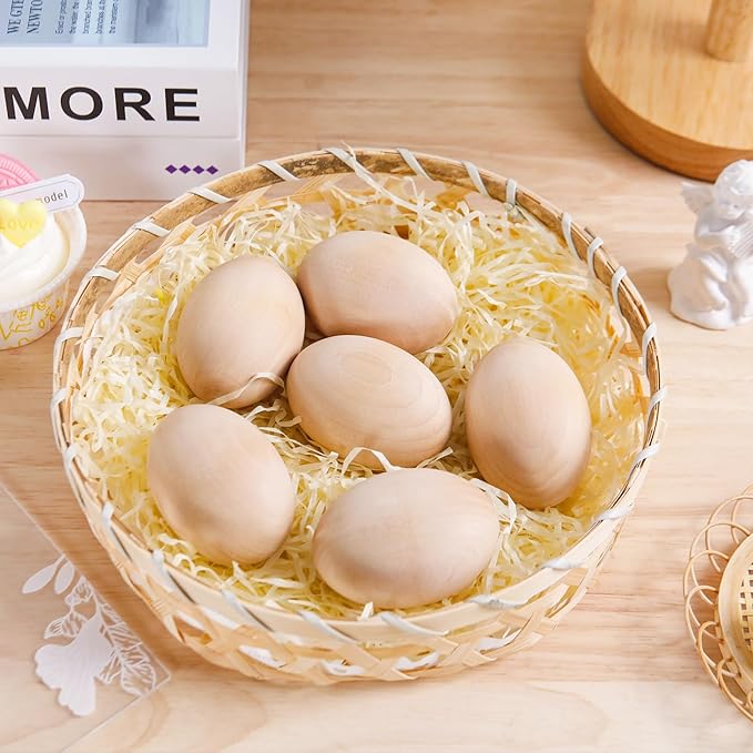 YunKo 6Pcs Wooden Easter Eggs Fake Wood Easter Unfinished Eggs to Paint for Crafts Home Decor