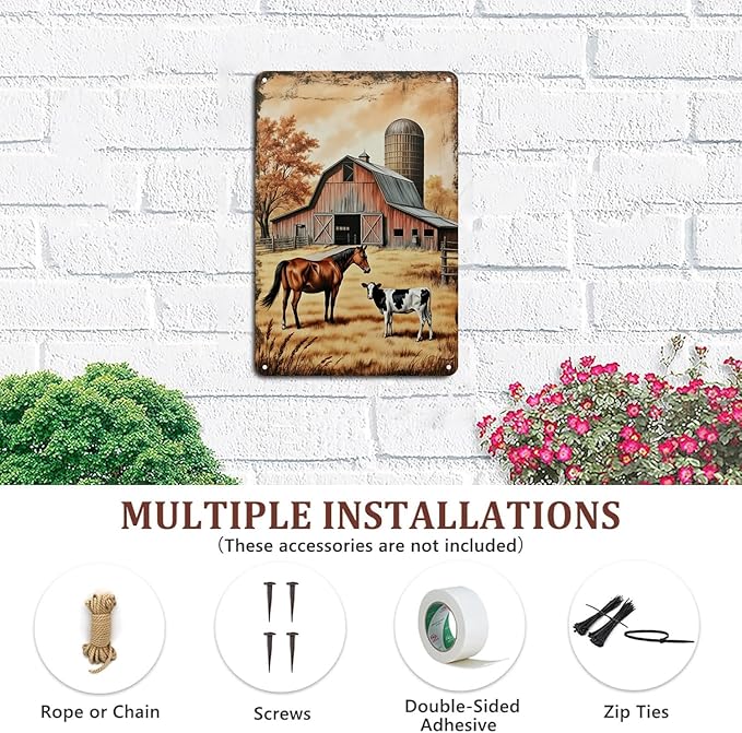 Country Farm Scene tin sign Vintage Horse Cow Barn Metal Sign Print Aesthetic for Garden Yard Bar Porch Home Bedroom Kitchen Wall Decor Decor Gift 8 x 12 inch