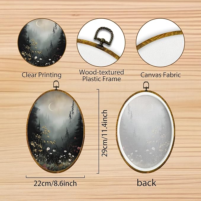 Hiuwevt Vintage Moody Forest Moon Oval Wall Art Decor, Dark Cottagecore Flower Field Framed Canvas Prints, Rustic Landscape Oval Wall Hanging Decor for Home Bedroom Decorations, 8.6x11.4 Inches