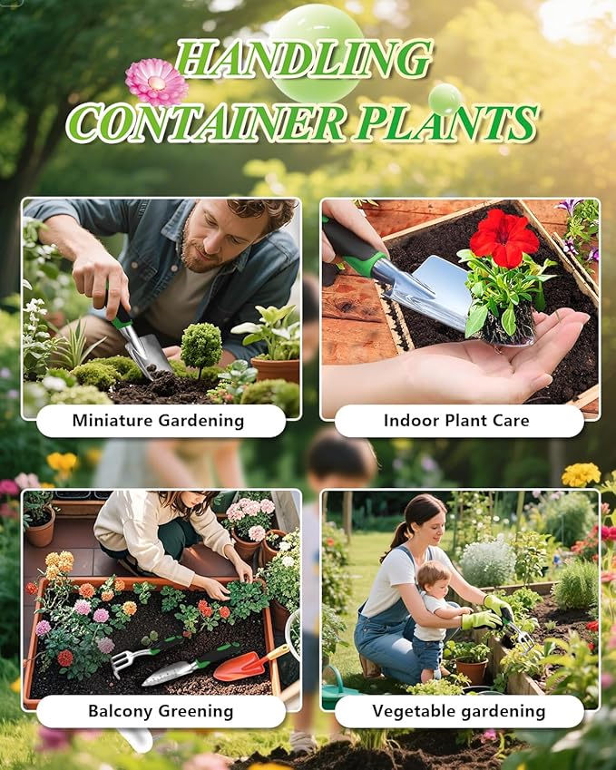 Garden Tools, Heavy Duty Cast-Aluminum Garden Tool Set with Hand Trowel, Transplant Trowel, Cultivator Rake, Soft Rubber Ergonomic Non-Slip Handle, Gardening for Home Gardeners (Basic Set (3 PCS))