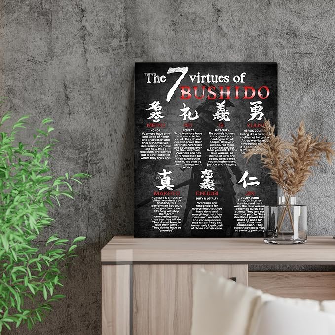 Japanese Samurai Wall Art 7 Virtues of Bushido Pictures Wall Decor Japanese Warrior Canvas Prints Poster Inspirational Framed Modern Painting Artwork Home Decorations for Bedroom Office Bathroom