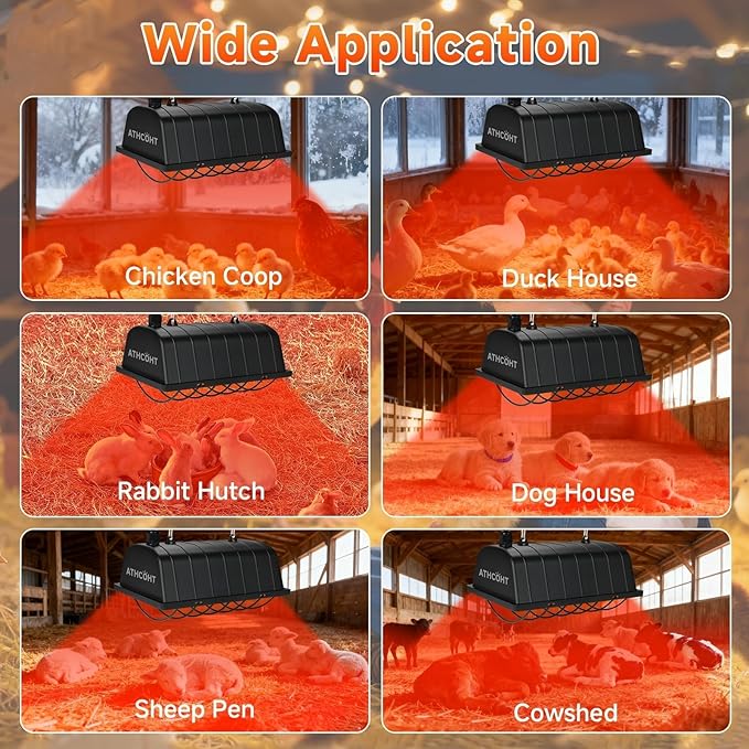 300W 2Mode Heat Lamp for Chickens,Brooder Heater 12000H Carbon Fiber Bulbs, 4PCs Heat Lamp Tubes, Adjustable Temp & Height, Waterproof Chicken Coop Heat Plate, UL-Certified Heater for Poultry, Pets