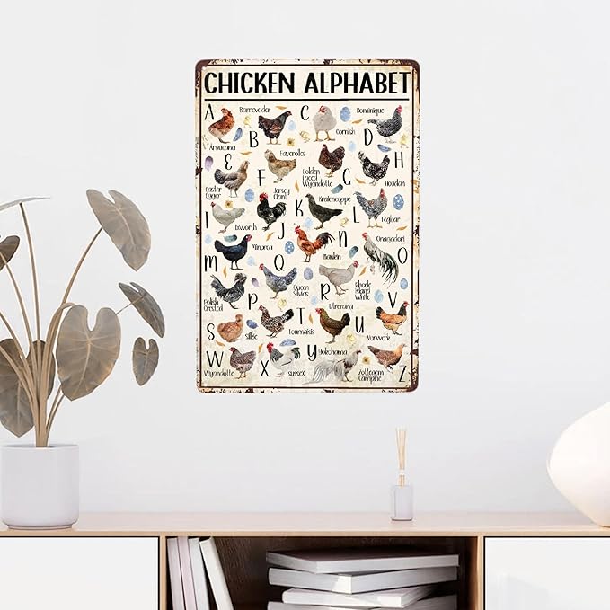 JOCASA Chicken Alphabet Vintage Metal Poster Farm Sign Decor-Retro Aluminum Metal Tin Sign for Home Wall Decor, Kitchen Farmhouse Country Farm Barn, Chicken Coop Outdoor Wall Signs Gift,12''x 8''