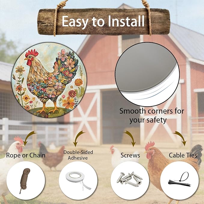 Chicken Coop Hen Round Metal Tin Sign Flower Wreath Wall Decor Farmhouse Outdoor Wall Art Decoration for Chicken Lovers Decor 12 Inch