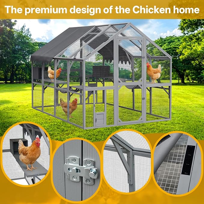KEIKI 110"L Outdoor Large Chicken Coop with Waterproof Cover, Roosting Platform, Wire Mesh & 2 Lift Small Doors with Locks, Wood Chicken Coop House with Run for Cat Kitten Playpen, Duck, Rabbit, Quail