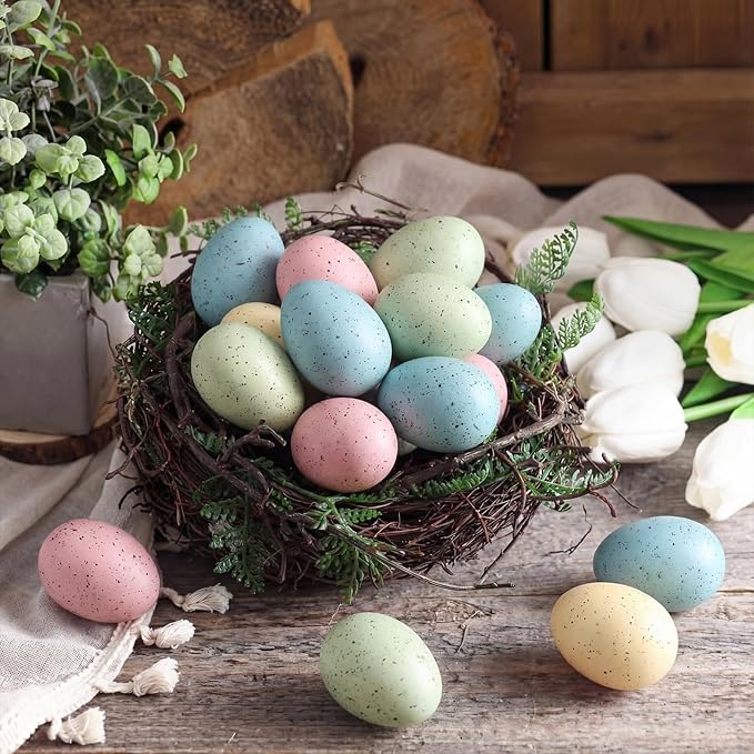 Gejoy 18 Pcs Easter Speckled Eggs Neutral Plastic Fake Chicken Eggs Pastel Textured Easter Decor Vintage Decorative Vase Bowl Fillers Farmhouse Spring Decorations for Home Table DIY Craft (Pastel)
