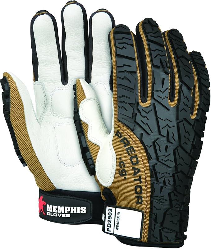 MCR Safety PD2903XL Predator Multitask Grain Cow Leather Palm, Breathable, Padded Gloves, Tire Tread Backing, White, X-Large, 1 Pair