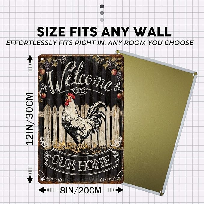 Vintage Rooster Tin Sign Welcome To Our Home Retro Chicken Metal Poster Rustic Nostalgic Metal Sign Wall Decor For Home Farmhouse Farm Room Yard Cafe Kitchen Bar 12 * 8In