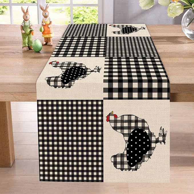 Seliem Farm Animal Chicken Hen Black White Buffalo Plaid Check Table Runner, Farmhouse Chick Home Kitchen Holiday Spring Summer Decor, Easter Country Rustic Burlap Dining Decoration Party Supply 13x72