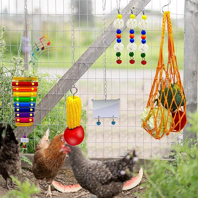 Chicken Toys for Hens, 10 Pack Chicken Toys for Coop, Chicken Mirror Swing Xylophone, Colorful Ladder and Small Toys for Chicken, Vegetable Fruits Hanging Feeder for Chicken Coop Accessories