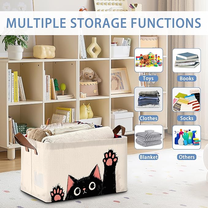Funny Black Cat Storage Baskets,Foldable Organizer Bin with Handles for Home Living Room Bedroom Closet Box 17x11.5x10Inch
