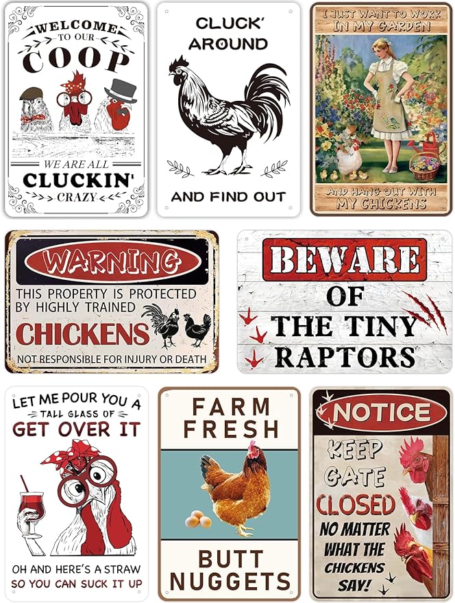 8 Pack Chicken Coop Signs, Funny Chicken Decor for Outdoors, and Wall Art for Chicken Lovers Metal Signs for Farmhouse, Garden, or Kitchen Decor (8x12 Inch)