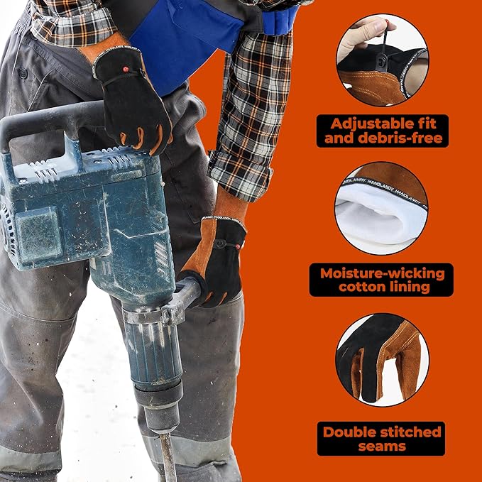 HANDLANDY Leather Work Gloves for Men and Women, Utility Tough Cowhide Glove