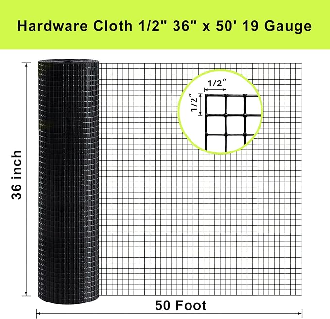 Black Vinyl Coated Hardware Cloth 1/2 inch Mesh 36'' x 50' 19 Gauge, PVC Wire Mesh Roll Chicken Wire Mesh Garden Fencing Aviary Cage Wire Tree Guard